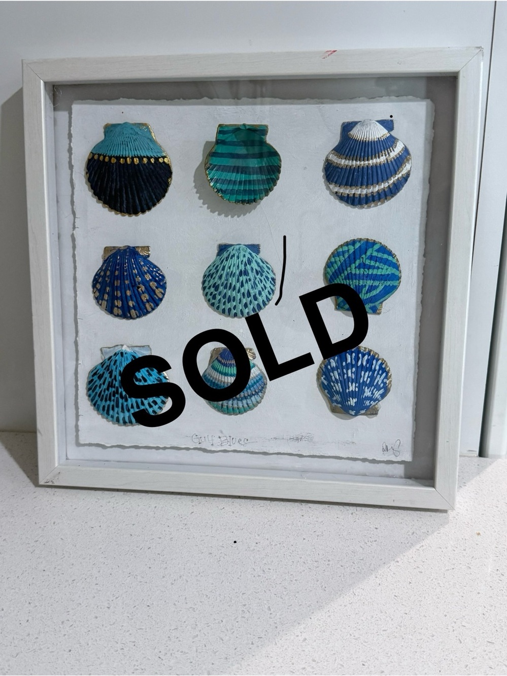 Coastal Seashell Wall Art – 12x12 Framed - Beach House Decor - “Gulf Blues”